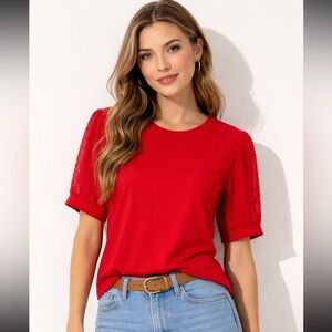 CeCe Red Sheer Sleeve Top Swiss Dot Puff - Size L